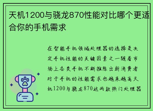 天机1200与骁龙870性能对比哪个更适合你的手机需求